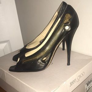 JIMMY CHOO BOUTIQUE BLACK LEATHER GOLD ZIP HEEL!!